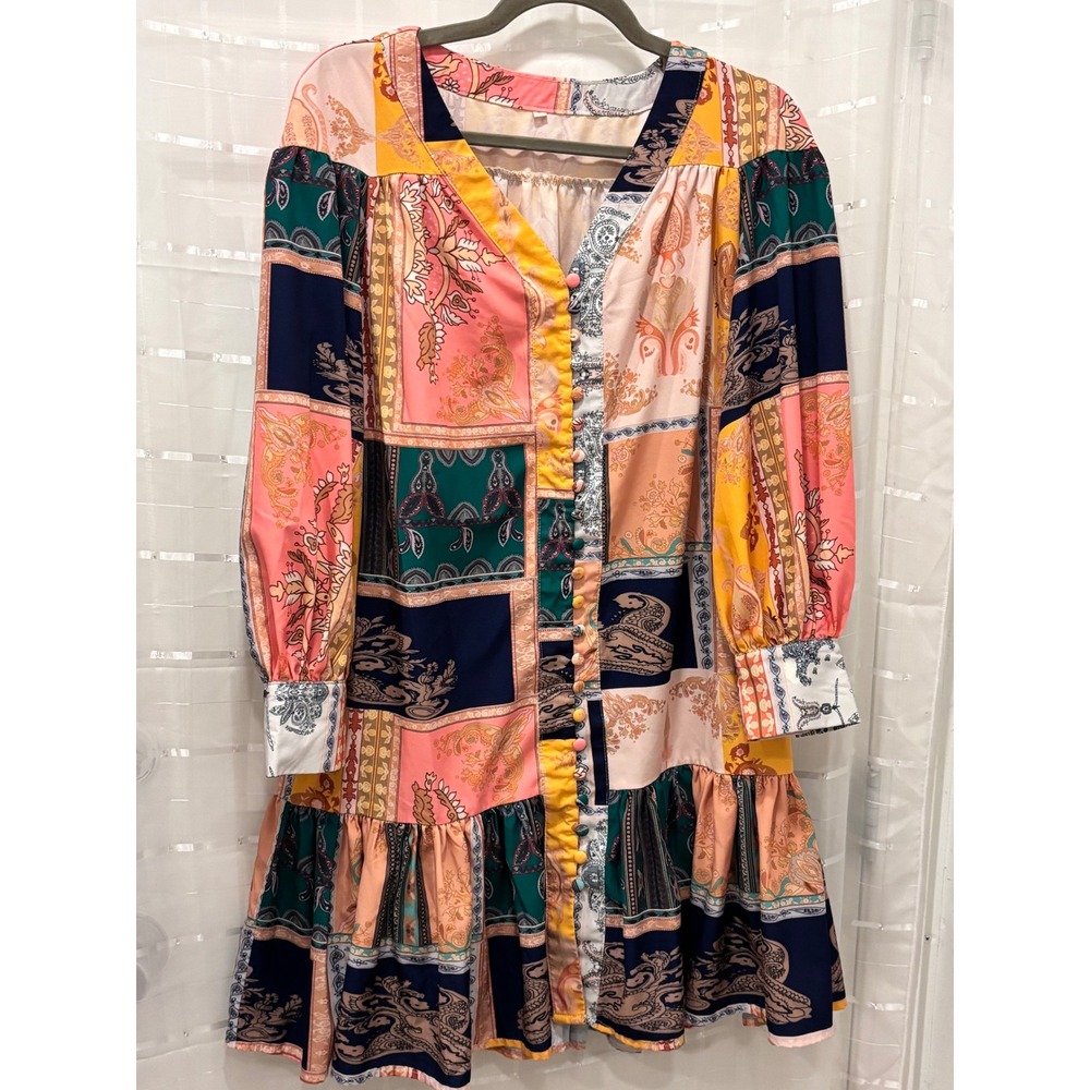 Boho Patchwork Paisley Button Down Mini Dress Long Balloon Sleeve V-Neck Small